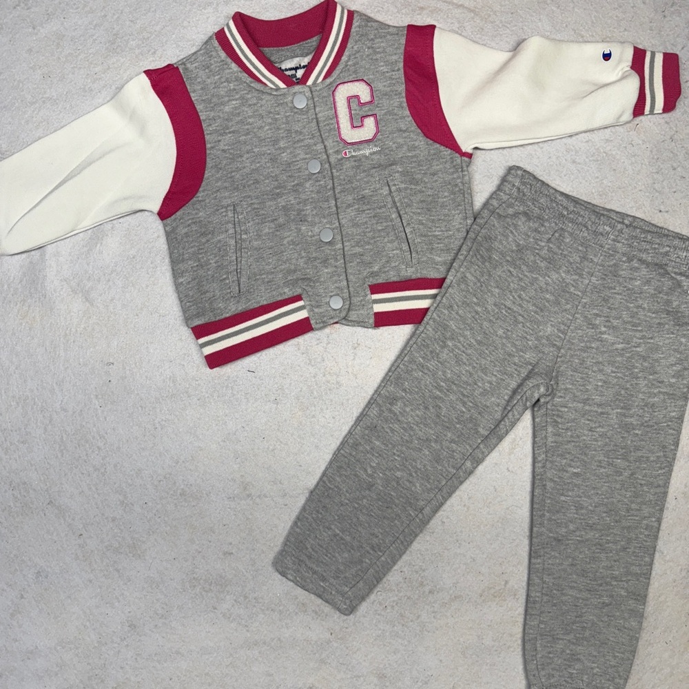 NWOT Champion Girls Toddler Pink & Gray Varsity Jacket And‎ Pants Set 24Mos